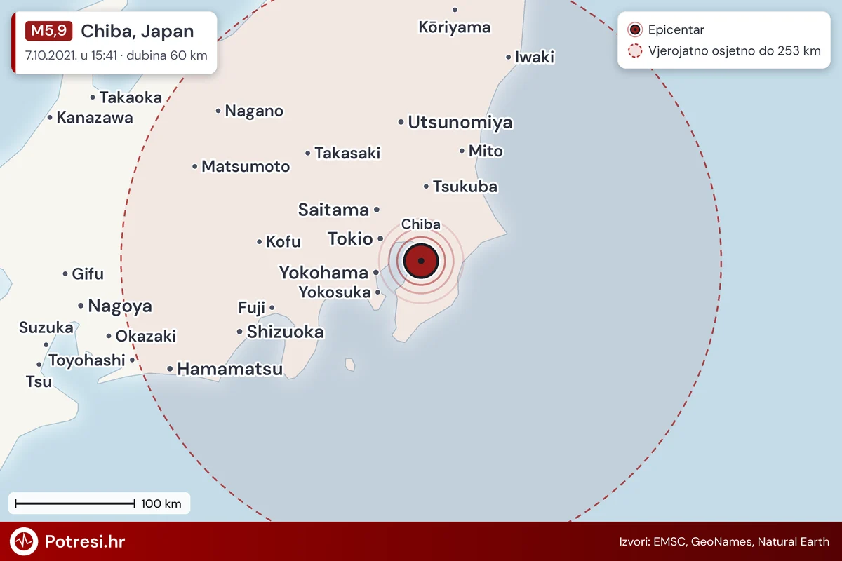 Karta: šire područje i vjerojatni doseg osjeta, potres M5,9, Chiba, Japan, 7.10.2021.