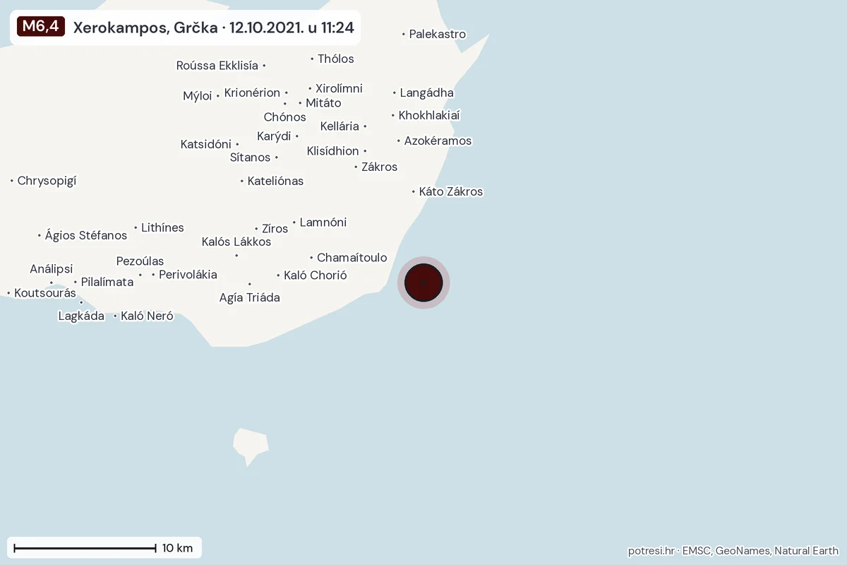 Karta: okolica epicentra, 60 km, potres M6,4, Xerokampos, Grčka, 12.10.2021.