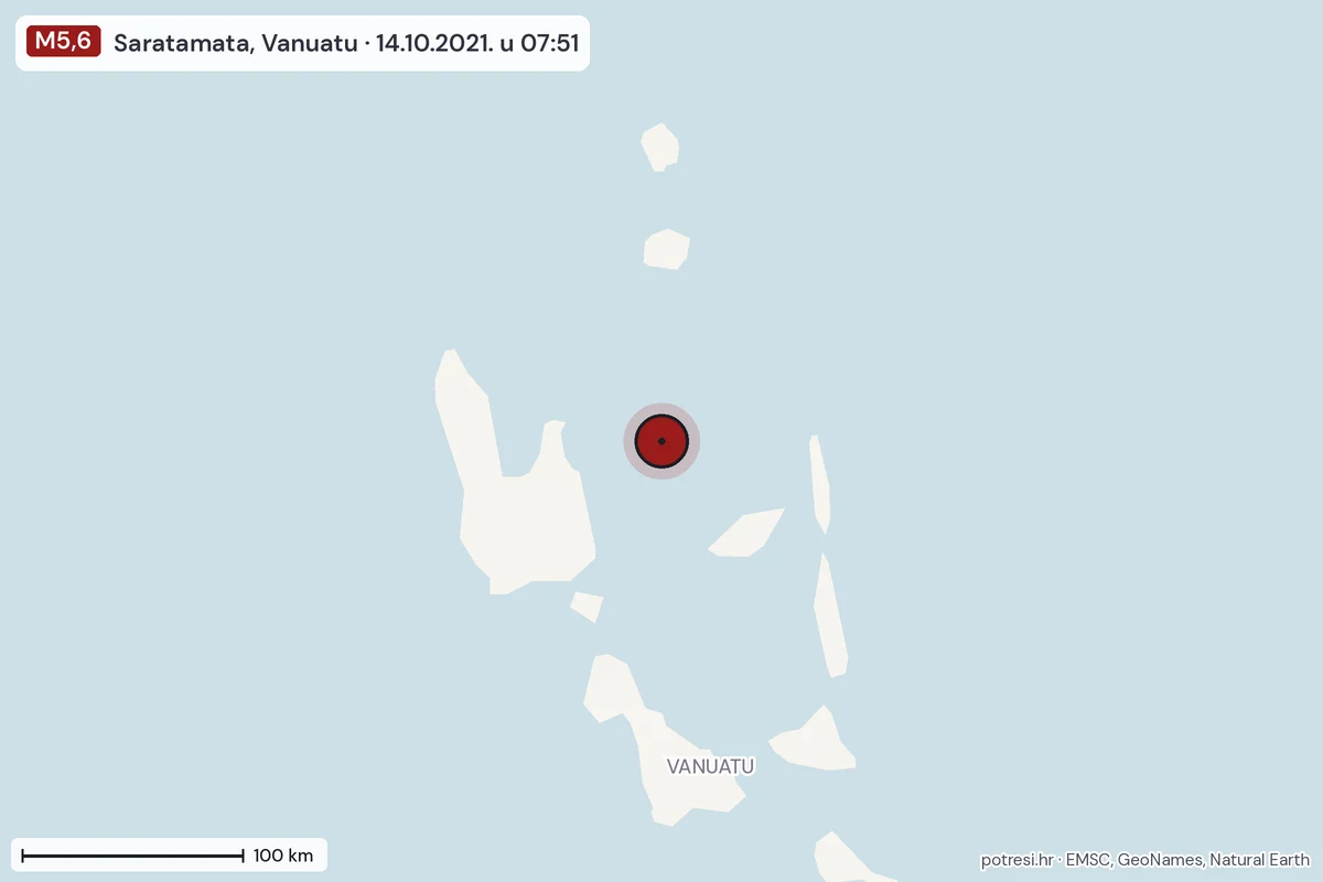 Karta: šire područje, 600 km, potres M5,6, Saratamata, Vanuatu, 14.10.2021.