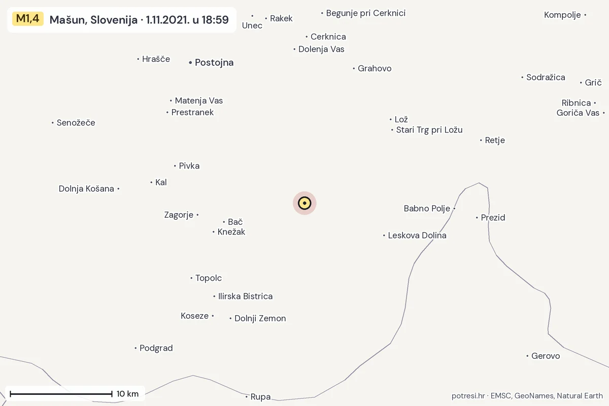 Karta: okolica epicentra, 60 km, potres M1,4, Mašun, Slovenija, 1.11.2021.