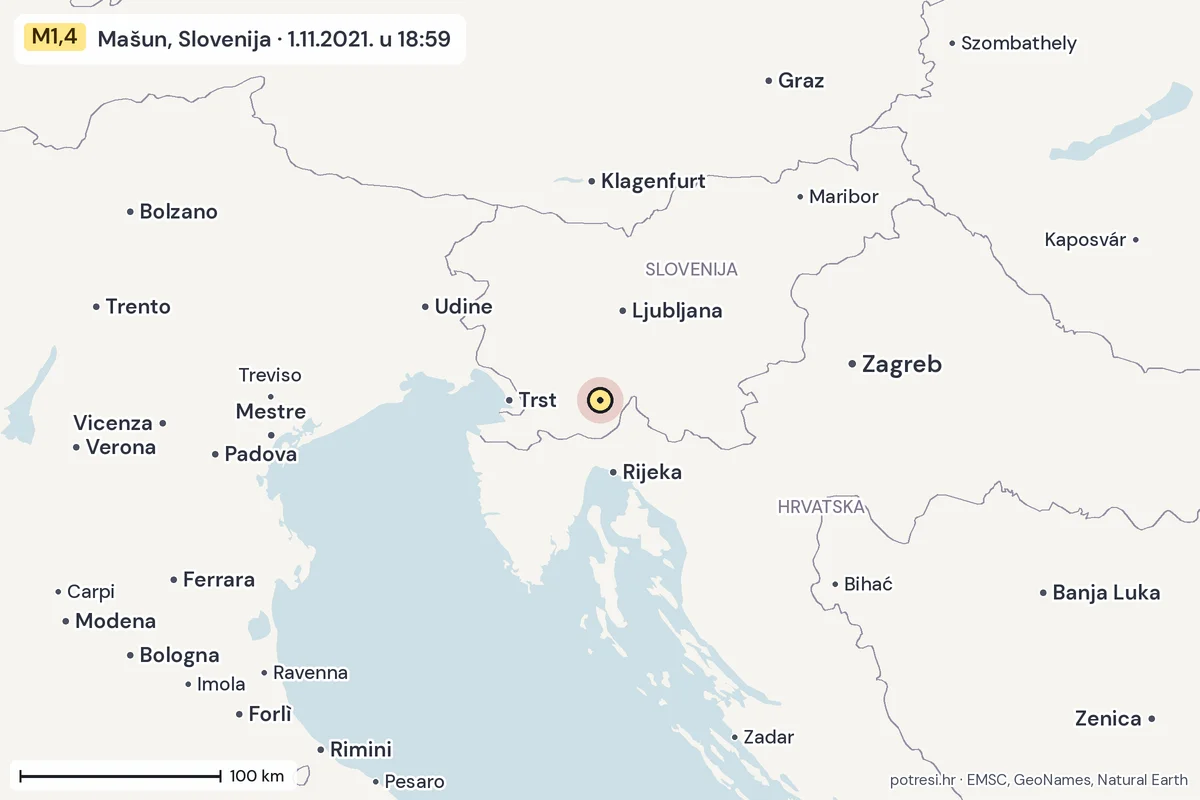 Karta: šire područje, 600 km, potres M1,4, Mašun, Slovenija, 1.11.2021.