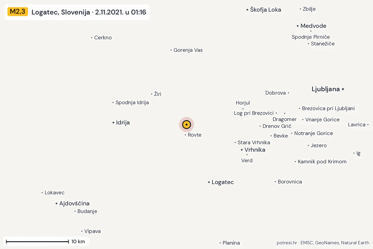 Karta: okolica epicentra, 60 km, potres M2,3, Logatec, Slovenija, 2.11.2021.