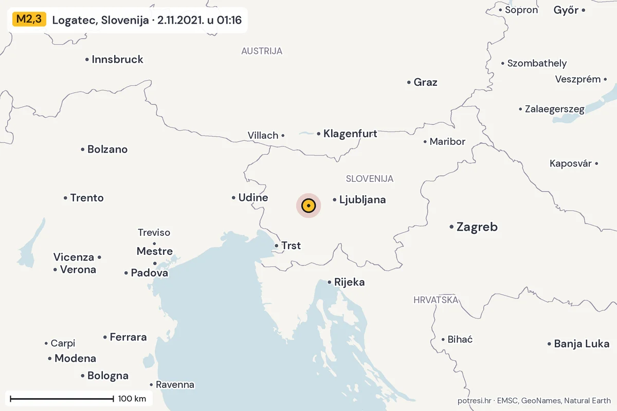 Karta: šire područje, 600 km, potres M2,3, Logatec, Slovenija, 2.11.2021.