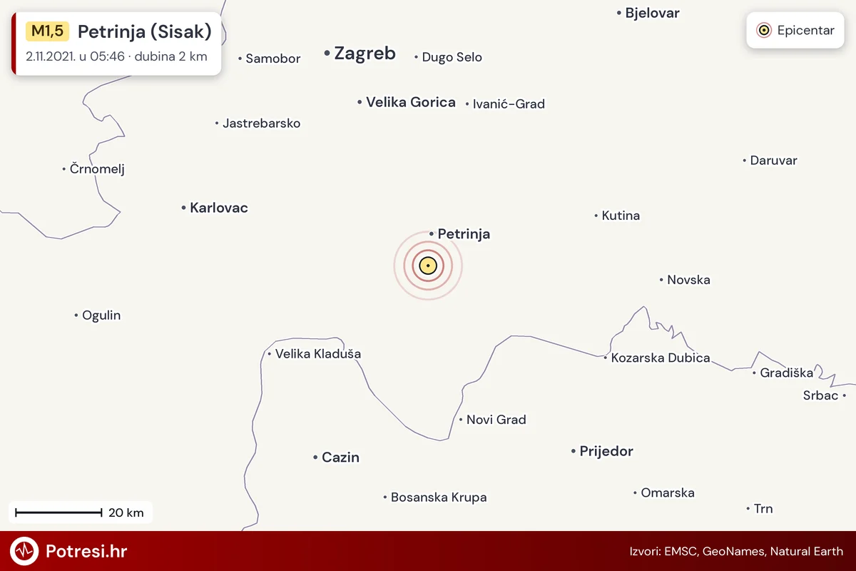 Karta: šire područje i vjerojatni doseg osjeta, potres M1,5, Petrinja (Sisak), 2.11.2021.