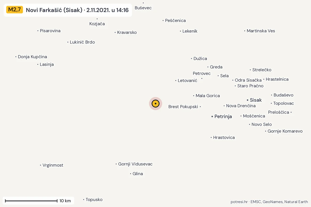 Karta: okolica epicentra, 60 km, potres M2,7, Novi Farkašić (Sisak), 2.11.2021.