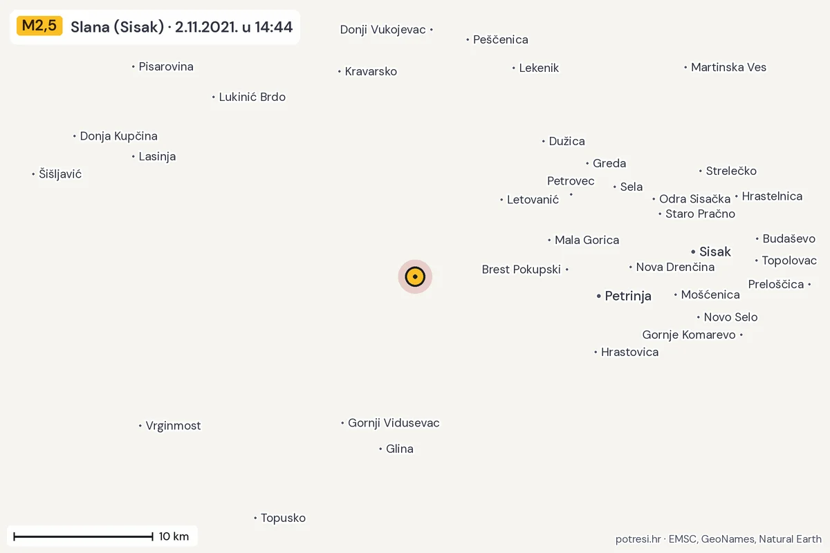 Karta: okolica epicentra, 60 km, potres M2,5, Slana (Sisak), 2.11.2021.