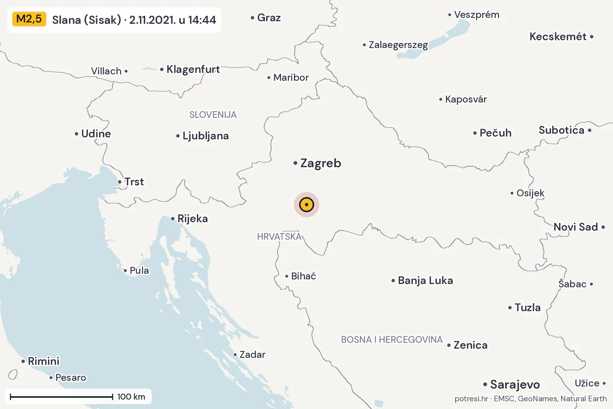 Karta: šire područje, 600 km, potres M2,5, Slana (Sisak), 2.11.2021.