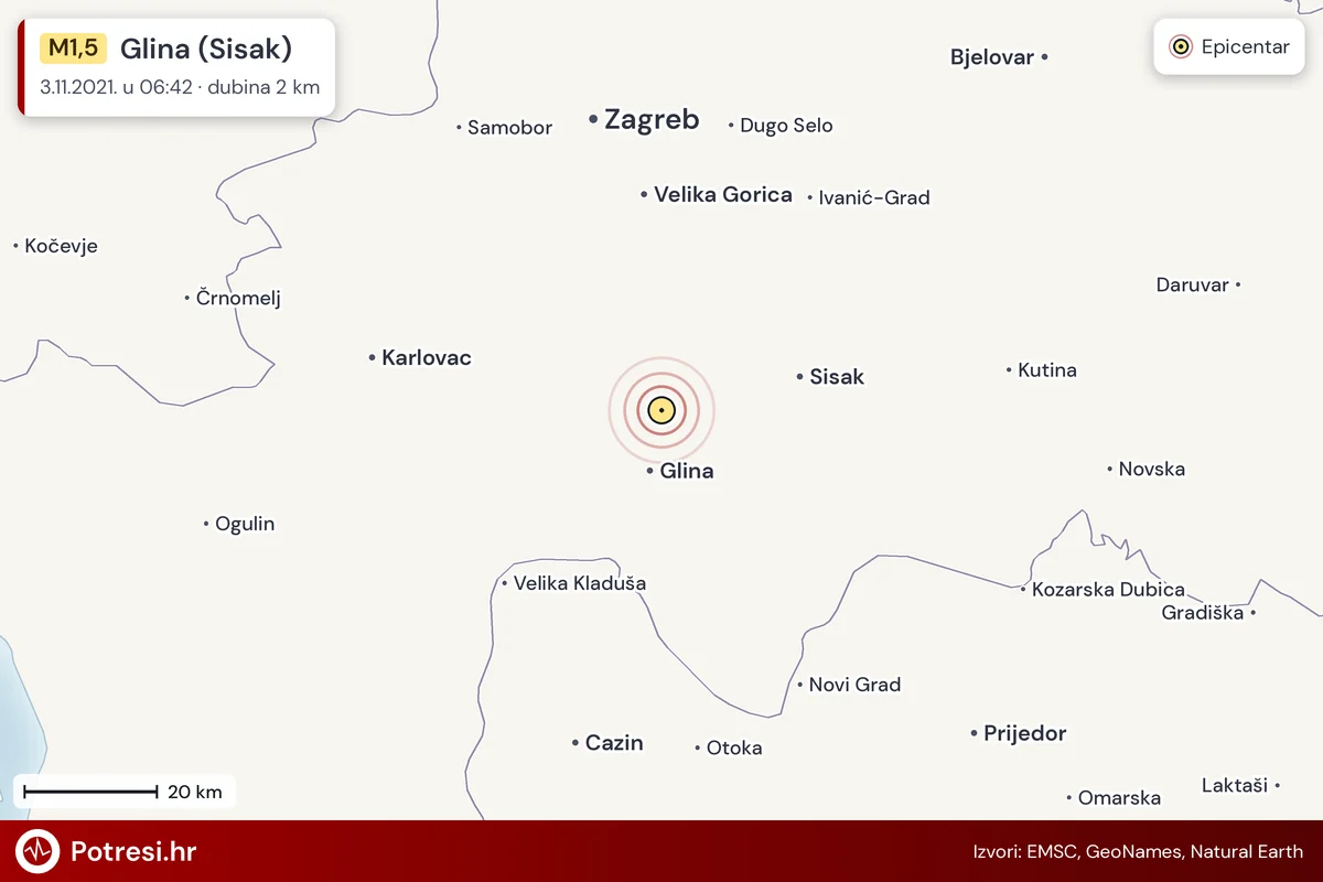 Karta: šire područje i vjerojatni doseg osjeta, potres M1,5, Glina (Sisak), 3.11.2021.