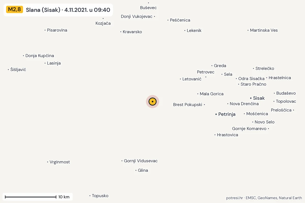 Karta: okolica epicentra, 60 km, potres M2,8, Slana (Sisak), 4.11.2021.