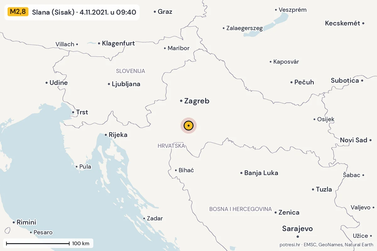 Karta: šire područje, 600 km, potres M2,8, Slana (Sisak), 4.11.2021.