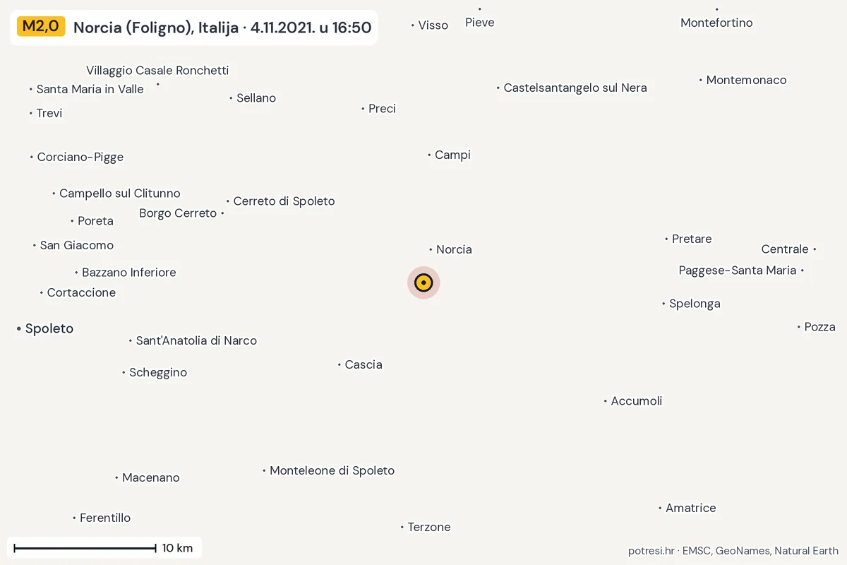 Karta: okolica epicentra, 60 km, potres M2,0, Norcia (Foligno), Italija, 4.11.2021.