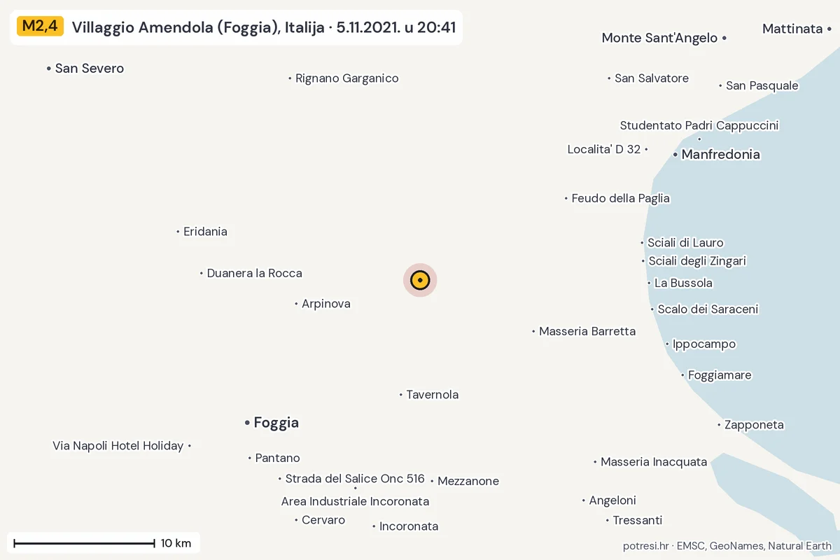 Karta: okolica epicentra, 60 km, potres M2,4, Villaggio Amendola (Foggia), Italija, 5.11.2021.
