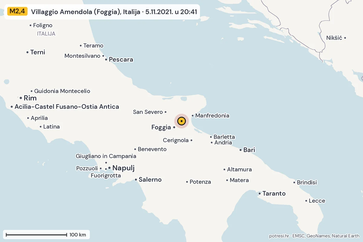 Karta: šire područje, 600 km, potres M2,4, Villaggio Amendola (Foggia), Italija, 5.11.2021.