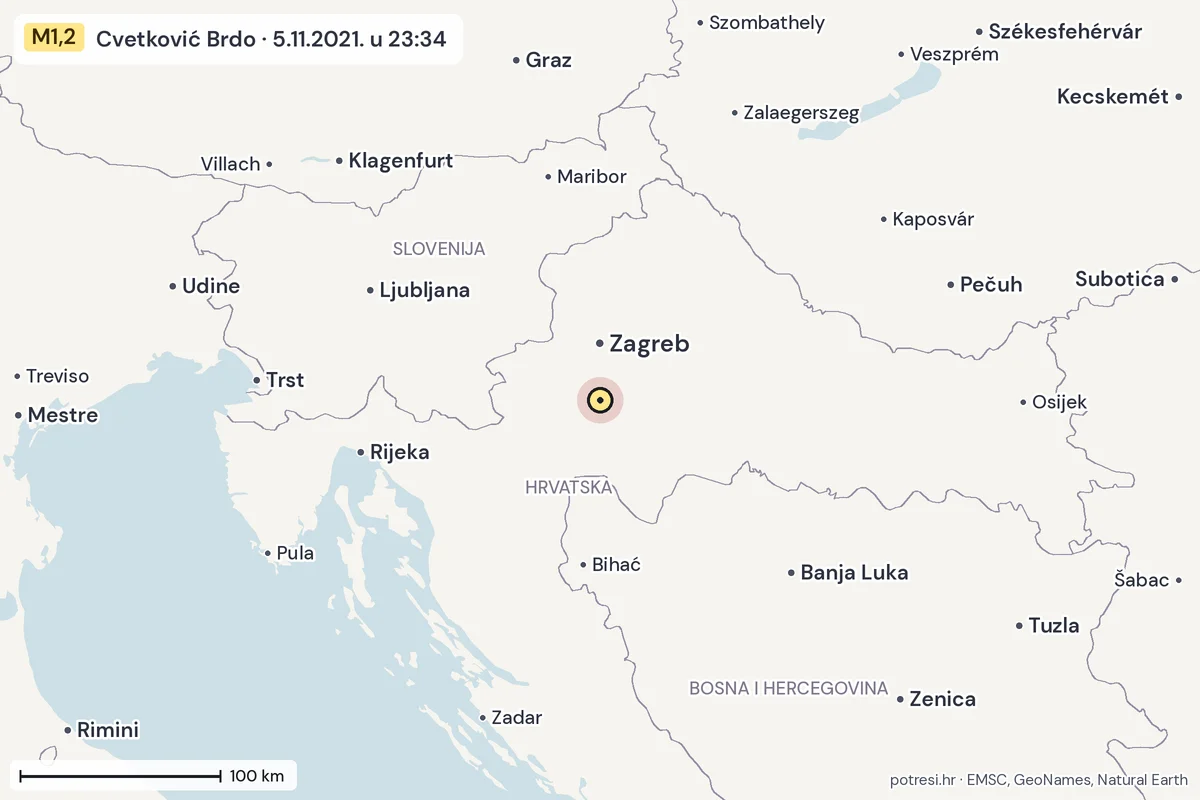 Karta: šire područje, 600 km, potres M1,2, Cvetković Brdo, 5.11.2021.