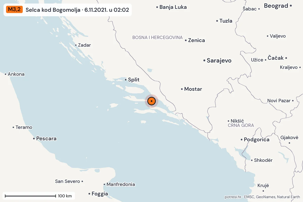 Karta: šire područje, 600 km, potres M3,2, Selca kod Bogomolja, 6.11.2021.