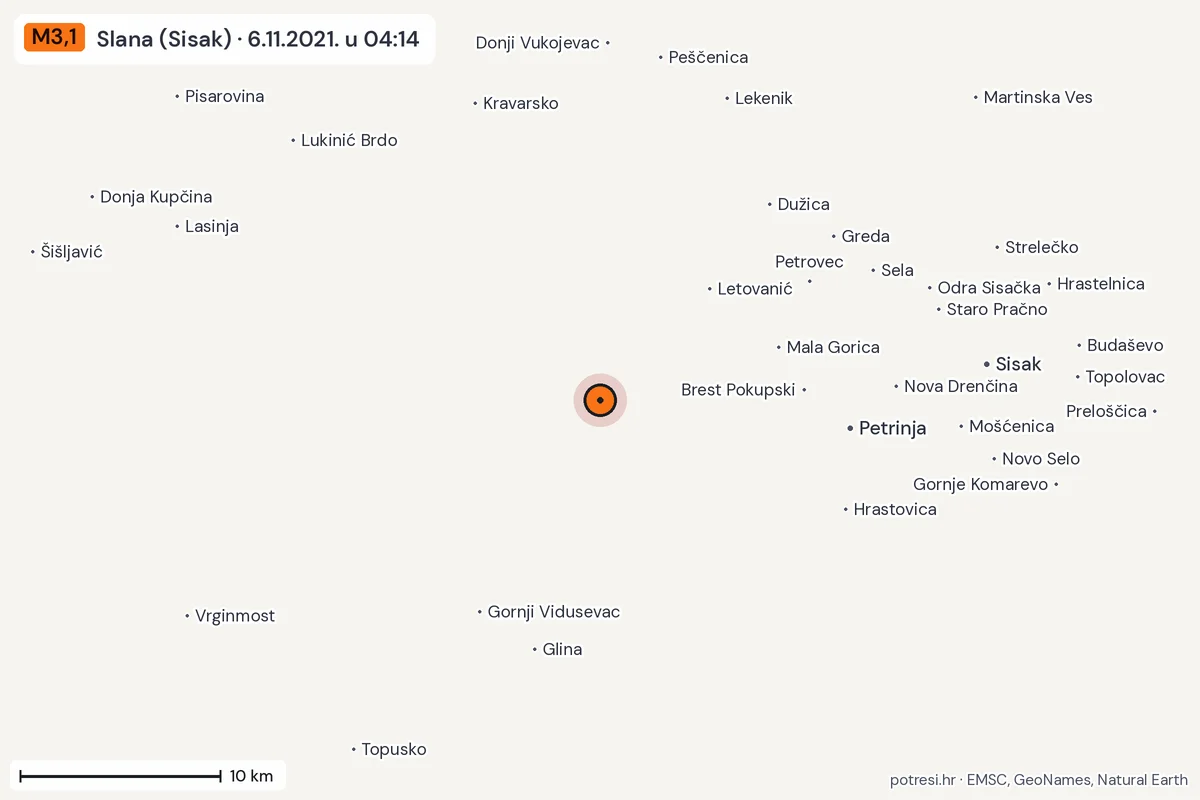 Karta: okolica epicentra, 60 km, potres M3,1, Slana (Sisak), 6.11.2021.