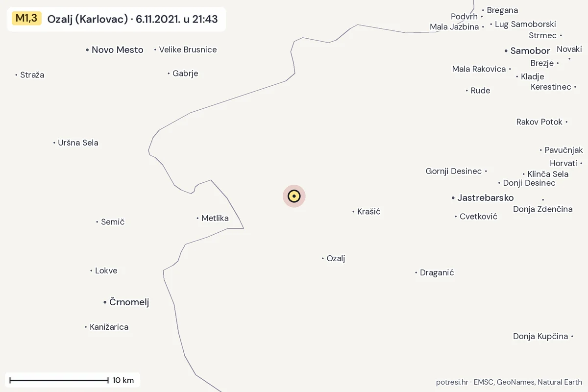 Karta: okolica epicentra, 60 km, potres M1,3, Ozalj (Karlovac), 6.11.2021.