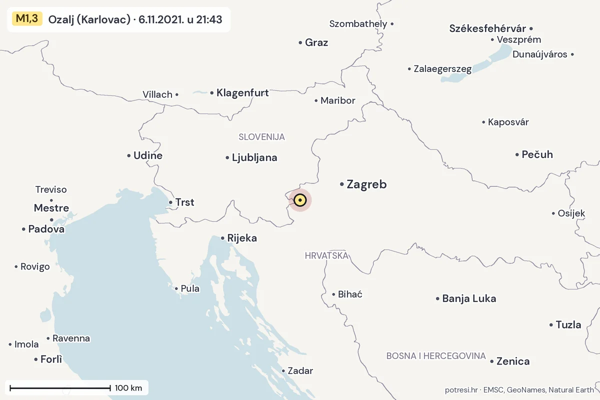 Karta: šire područje, 600 km, potres M1,3, Ozalj (Karlovac), 6.11.2021.