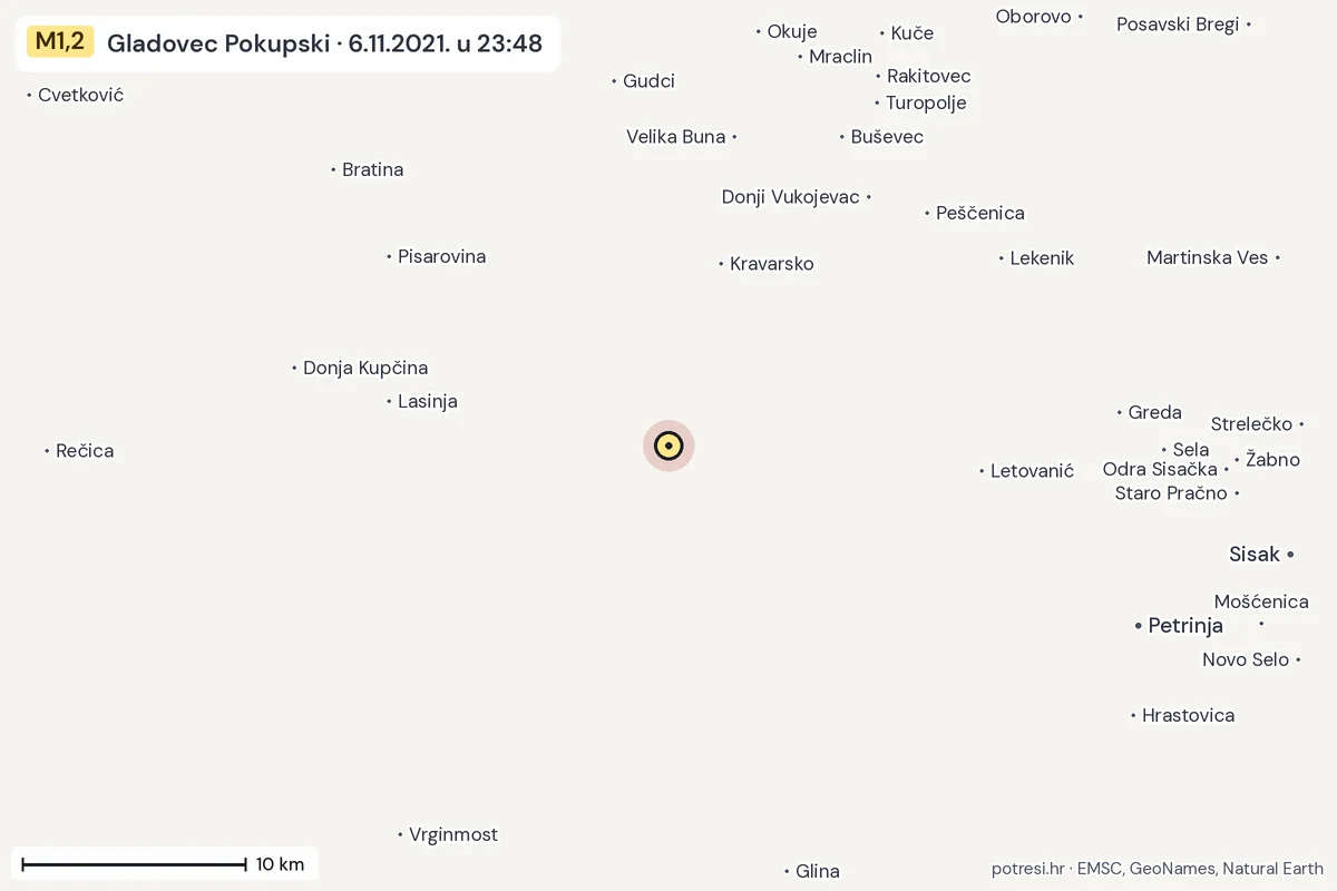 Karta: okolica epicentra, 60 km, potres M1,2, Gladovec Pokupski, 6.11.2021.