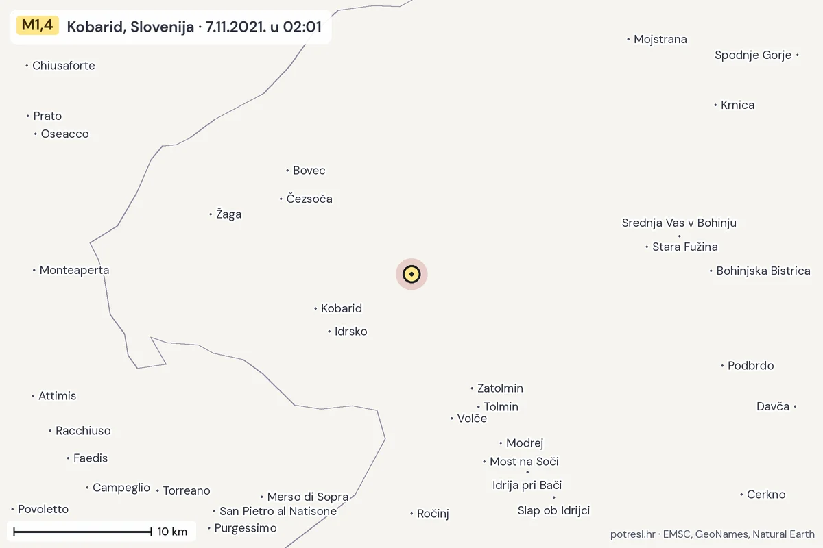 Karta: okolica epicentra, 60 km, potres M1,4, Kobarid, Slovenija, 7.11.2021.