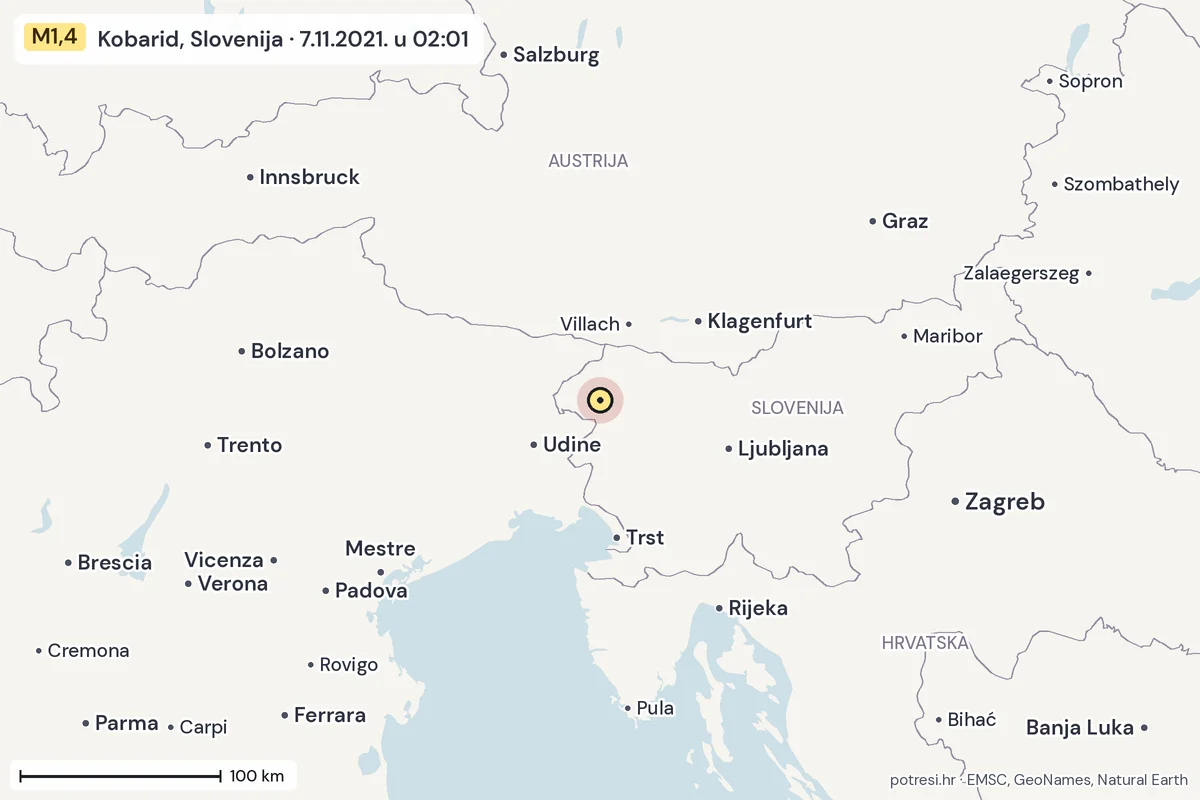 Karta: šire područje, 600 km, potres M1,4, Kobarid, Slovenija, 7.11.2021.