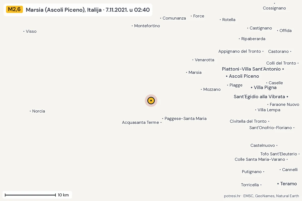 Karta: okolica epicentra, 60 km, potres M2,6, Marsia (Ascoli Piceno), Italija, 7.11.2021.