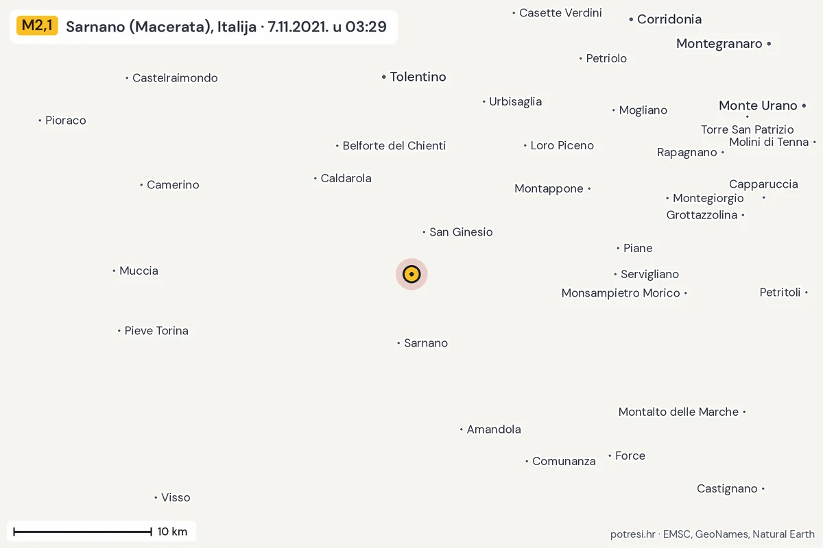 Karta: okolica epicentra, 60 km, potres M2,1, Sarnano (Macerata), Italija, 7.11.2021.
