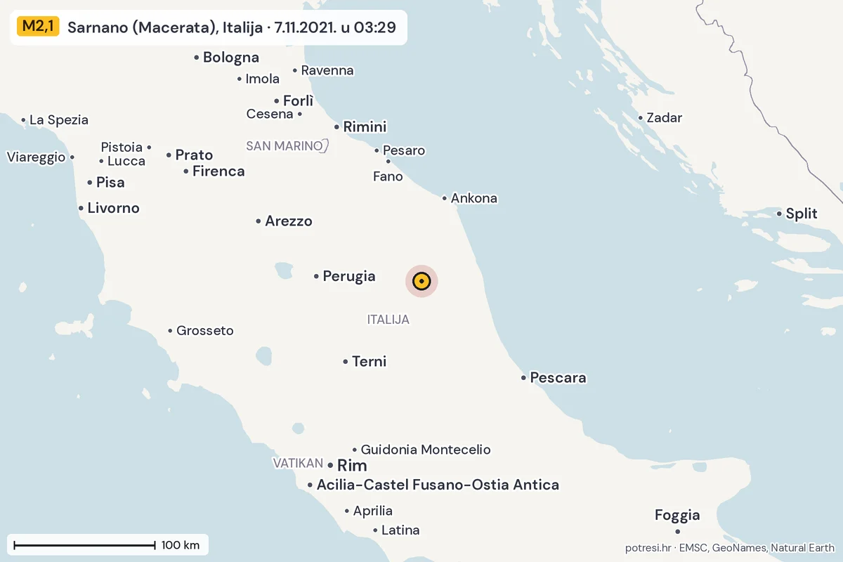 Karta: šire područje, 600 km, potres M2,1, Sarnano (Macerata), Italija, 7.11.2021.