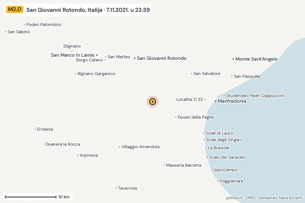 Karta: okolica epicentra, 60 km, potres M2,0, San Giovanni Rotondo, Italija, 7.11.2021.