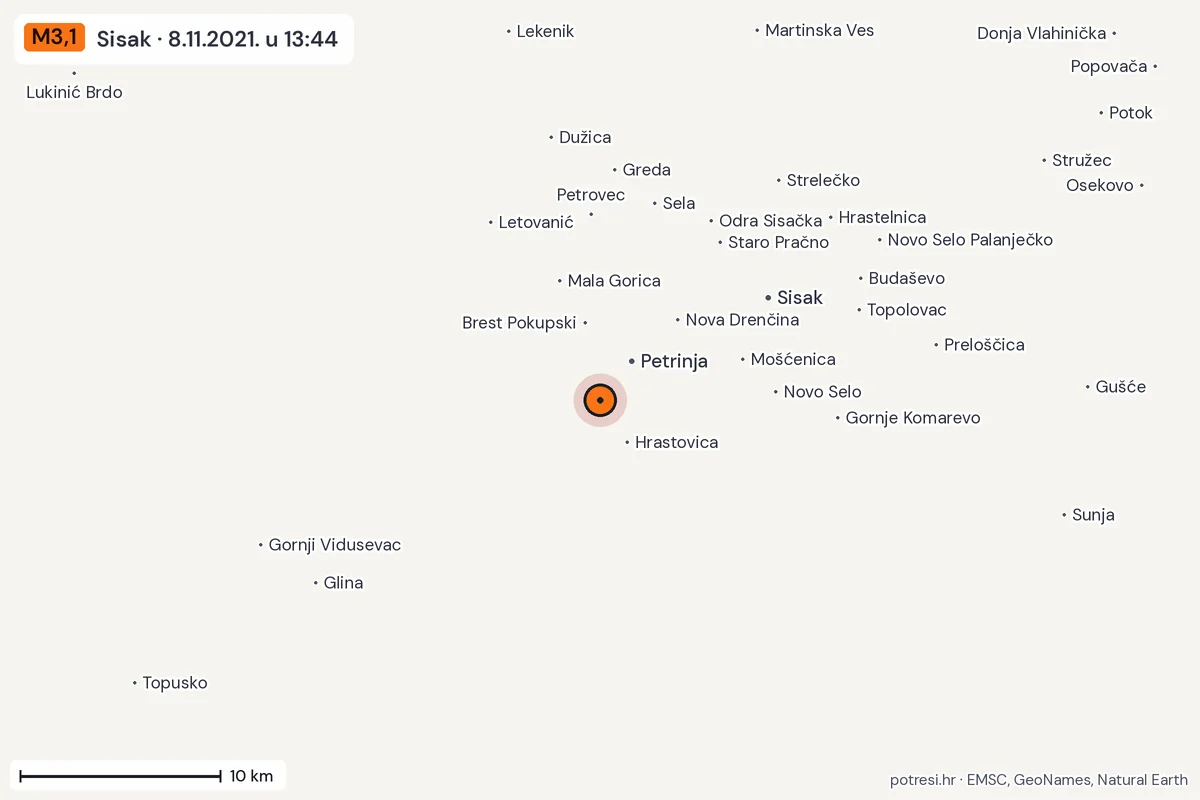 Karta: okolica epicentra, 60 km, potres M3,1, Sisak, 8.11.2021.