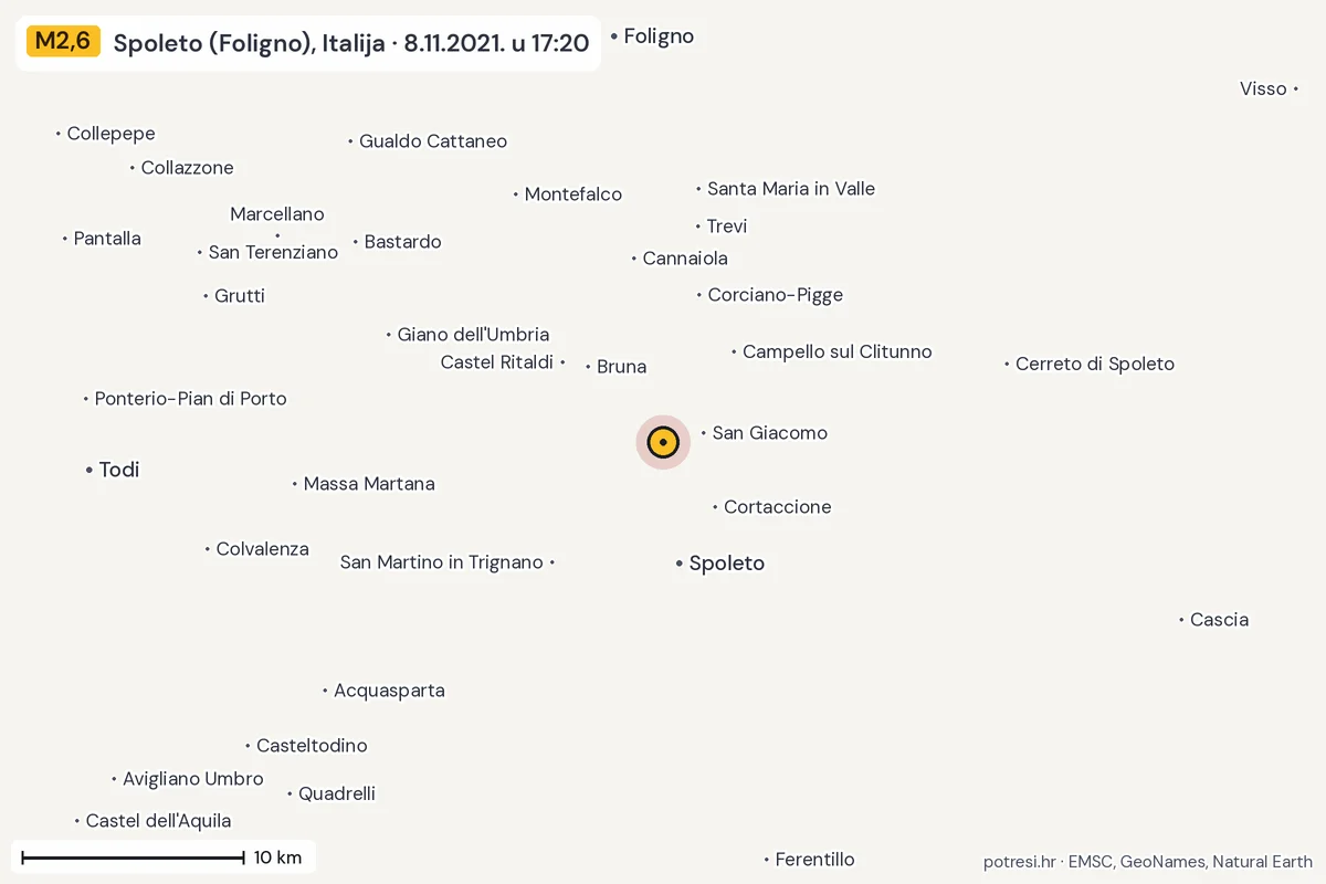 Karta: okolica epicentra, 60 km, potres M2,6, Spoleto (Foligno), Italija, 8.11.2021.