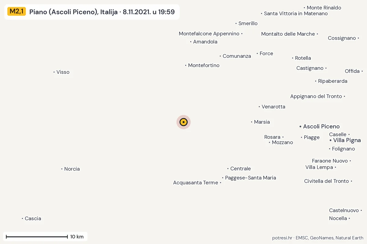 Karta: okolica epicentra, 60 km, potres M2,1, Piano (Ascoli Piceno), Italija, 8.11.2021.