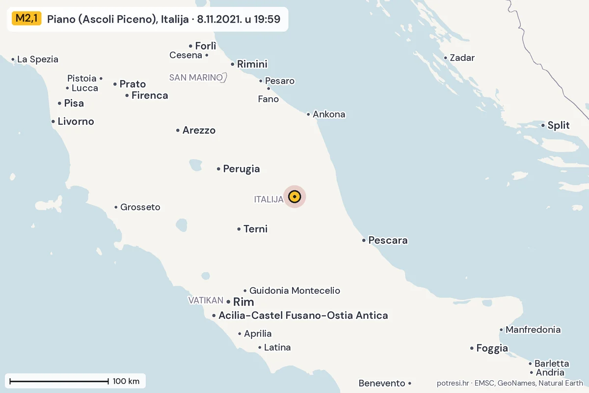 Karta: šire područje, 600 km, potres M2,1, Piano (Ascoli Piceno), Italija, 8.11.2021.