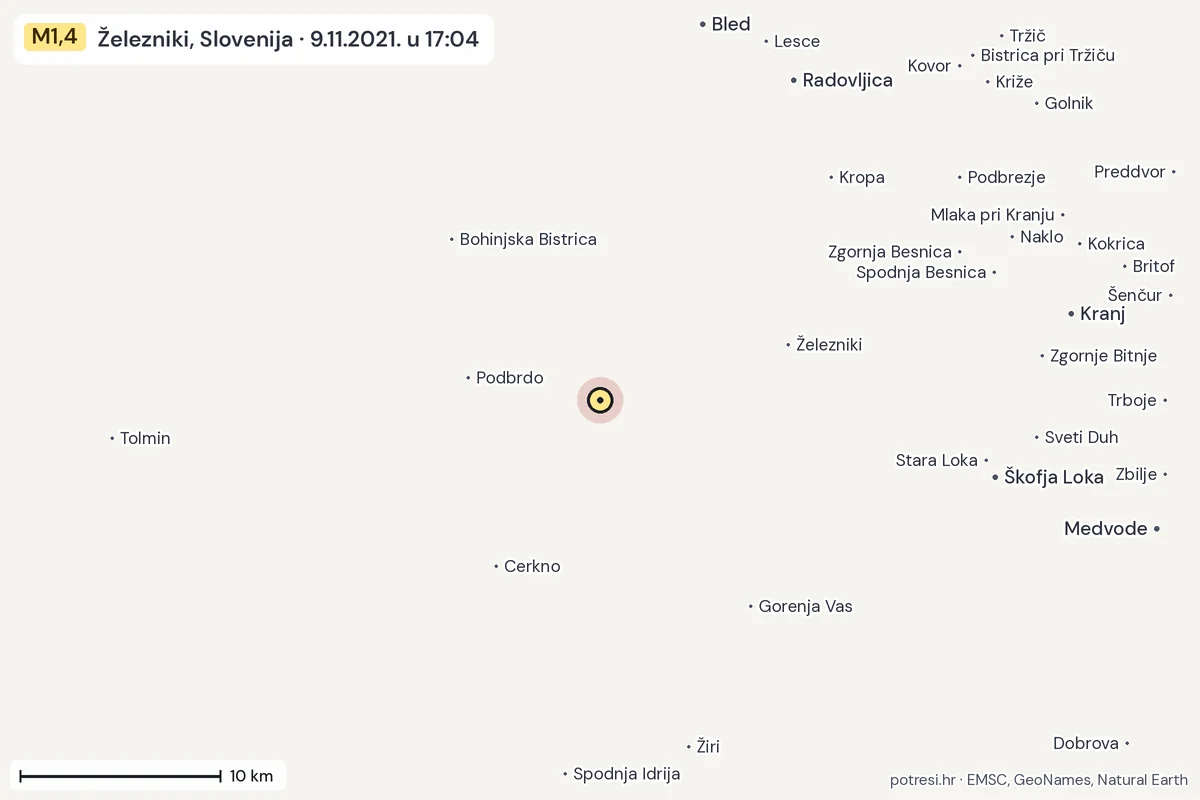 Karta: okolica epicentra, 60 km, potres M1,4, Železniki, Slovenija, 9.11.2021.