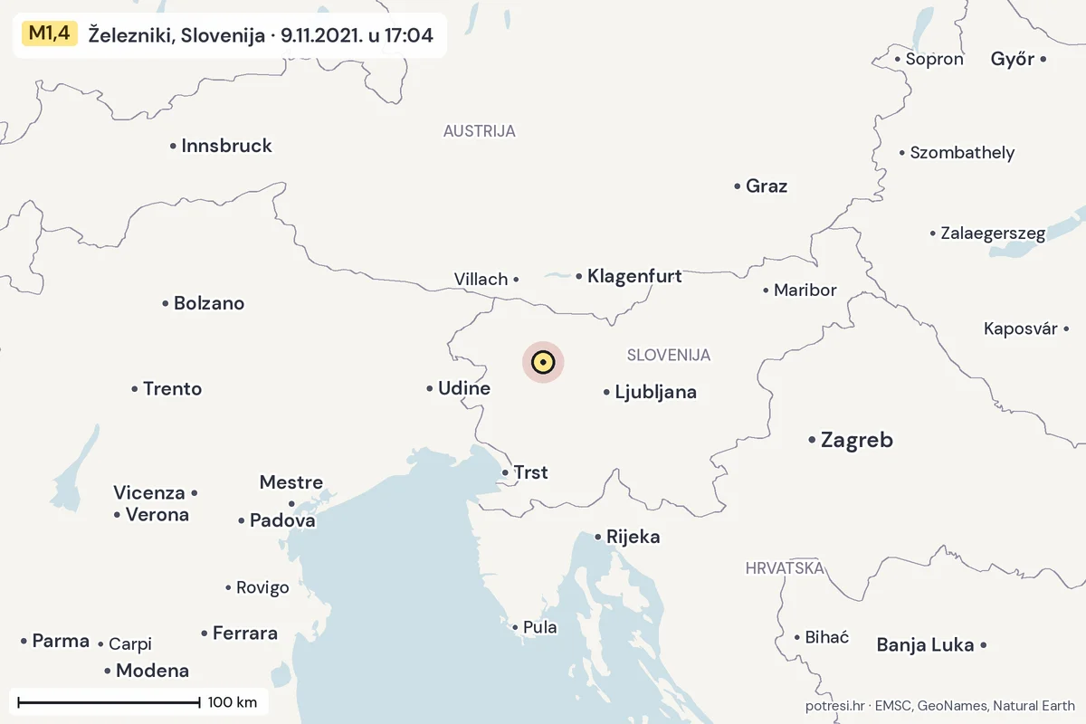 Karta: šire područje, 600 km, potres M1,4, Železniki, Slovenija, 9.11.2021.