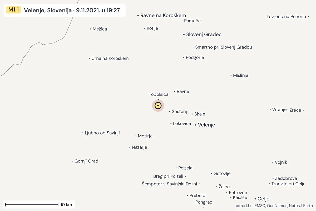 Karta: okolica epicentra, 60 km, potres M1,1, Velenje, Slovenija, 9.11.2021.