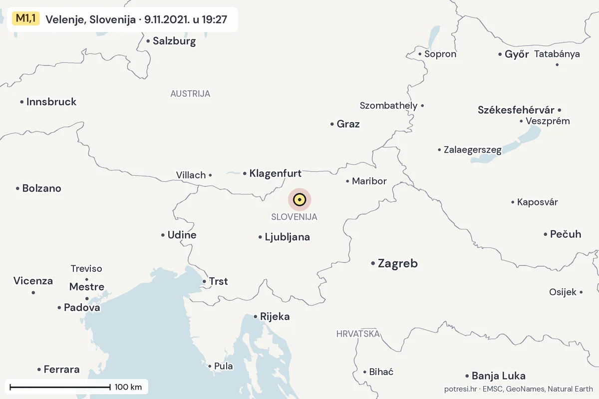 Karta: šire područje, 600 km, potres M1,1, Velenje, Slovenija, 9.11.2021.