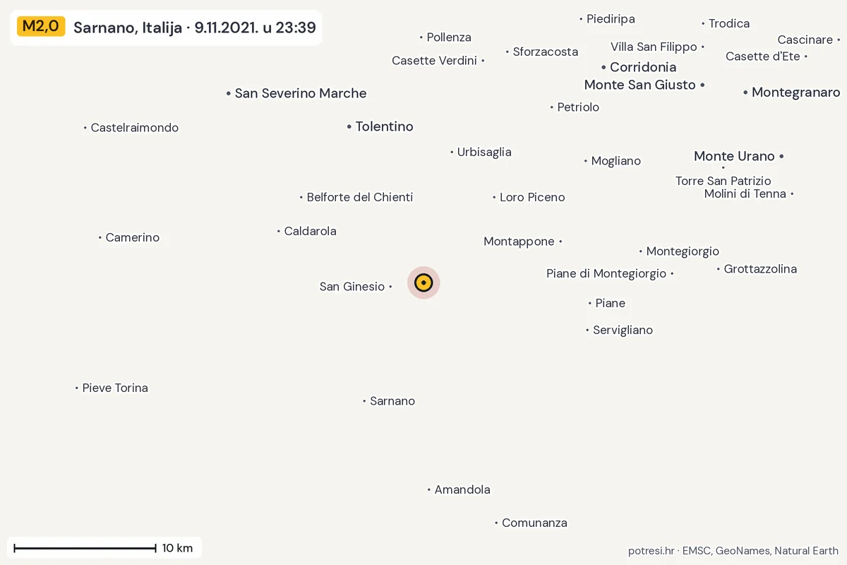 Karta: okolica epicentra, 60 km, potres M2,0, Sarnano, Italija, 9.11.2021.