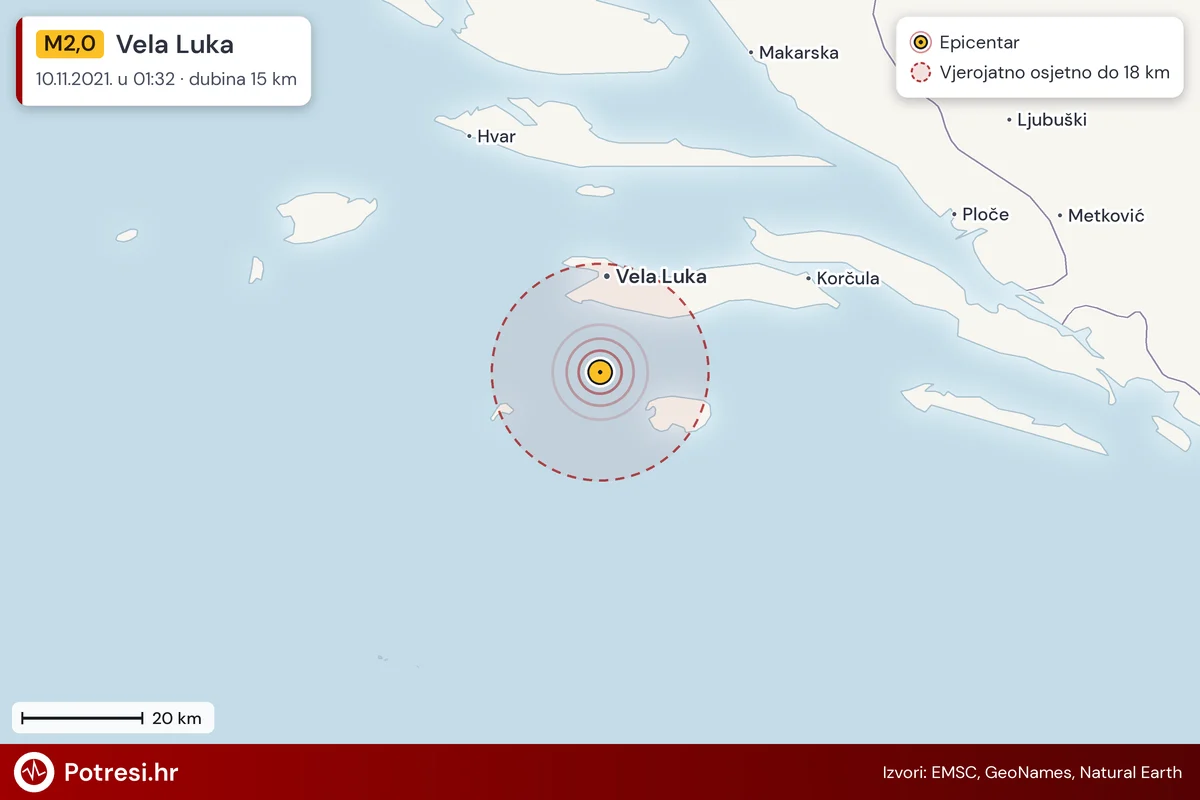 Karta: šire područje i vjerojatni doseg osjeta, potres M2,0, Vela Luka, 10.11.2021.
