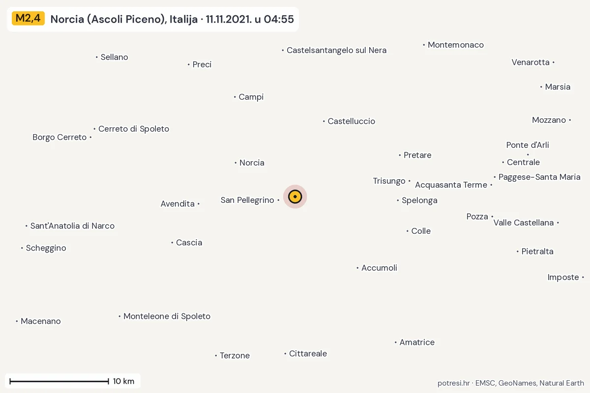 Karta: okolica epicentra, 60 km, potres M2,4, Norcia (Ascoli Piceno), Italija, 11.11.2021.