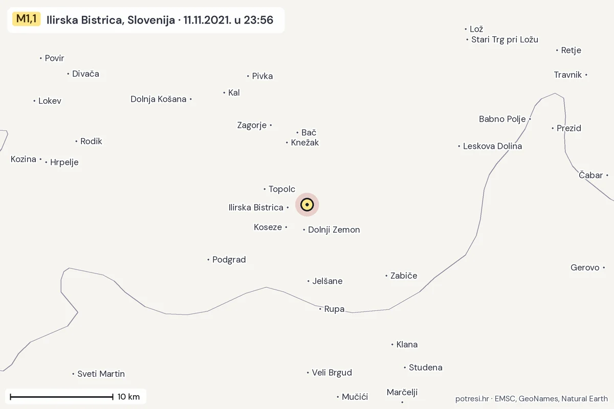 Karta: okolica epicentra, 60 km, potres M1,1, Ilirska Bistrica, Slovenija, 11.11.2021.