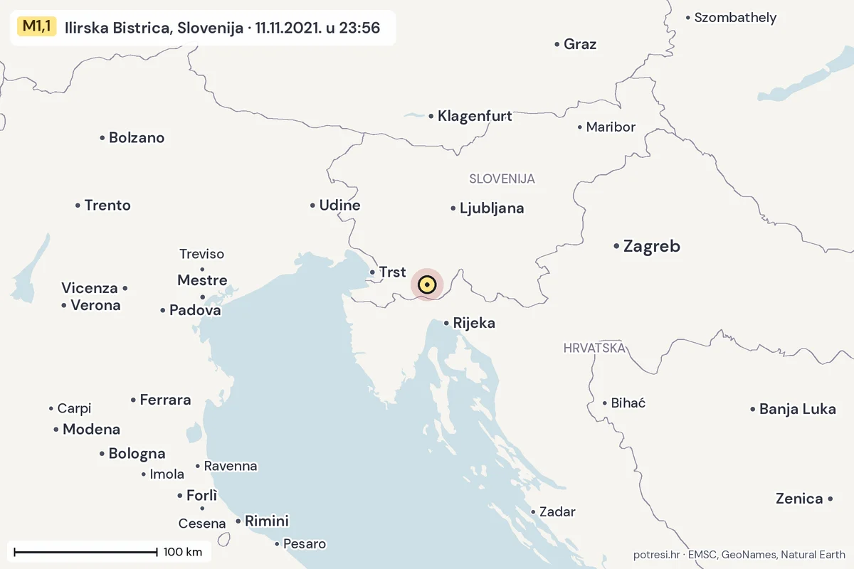 Karta: šire područje, 600 km, potres M1,1, Ilirska Bistrica, Slovenija, 11.11.2021.