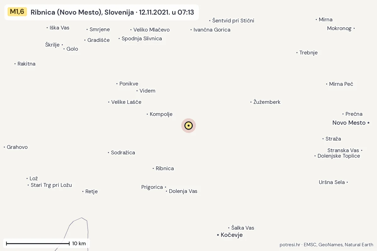 Karta: okolica epicentra, 60 km, potres M1,6, Ribnica (Novo Mesto), Slovenija, 12.11.2021.
