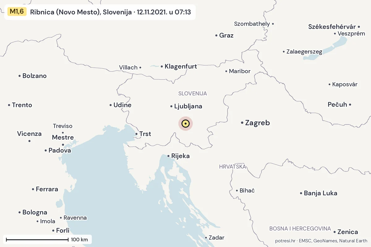 Karta: šire područje, 600 km, potres M1,6, Ribnica (Novo Mesto), Slovenija, 12.11.2021.