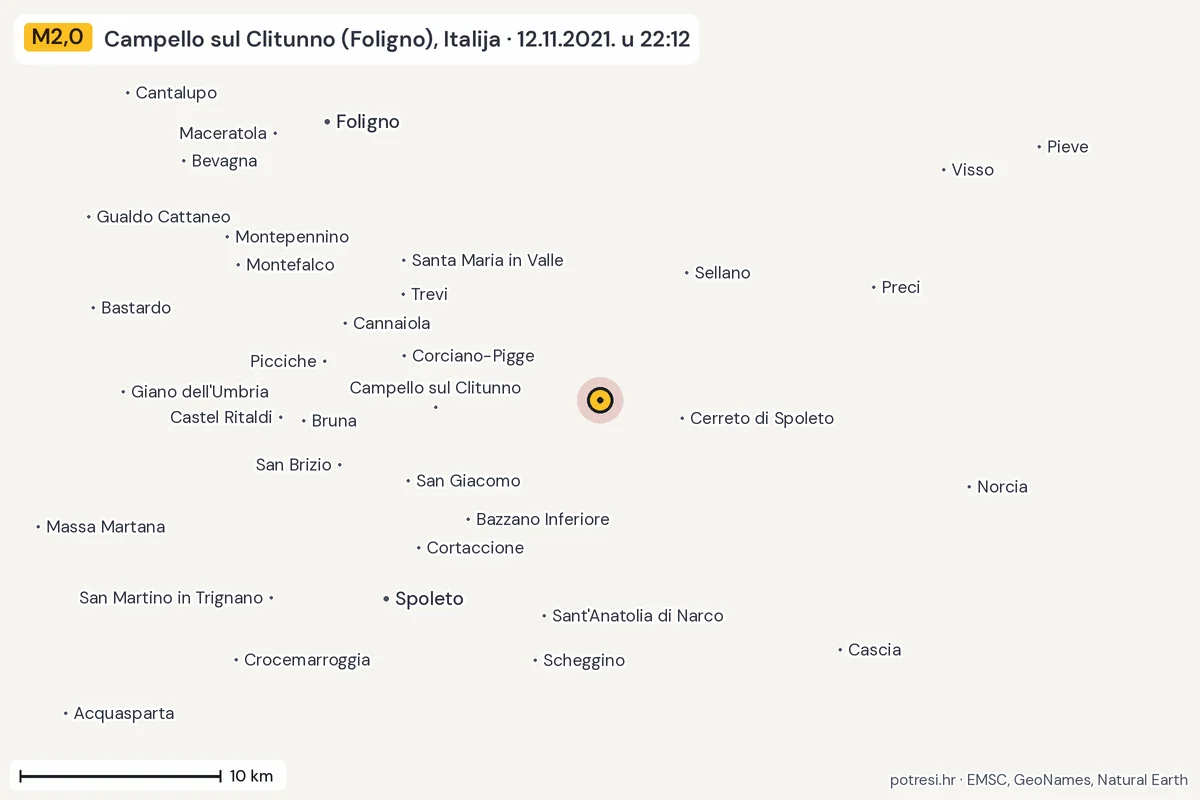 Karta: okolica epicentra, 60 km, potres M2,0, Campello sul Clitunno (Foligno), Italija, 12.11.2021.