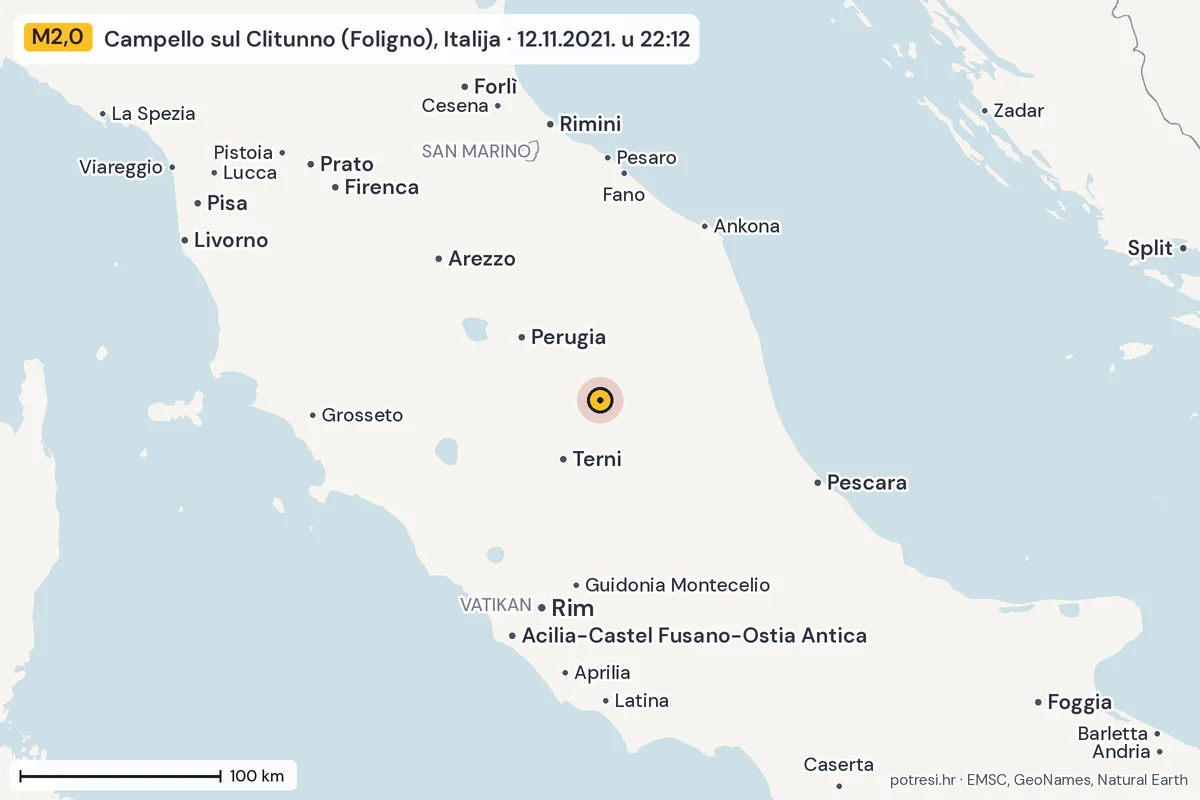 Karta: šire područje, 600 km, potres M2,0, Campello sul Clitunno (Foligno), Italija, 12.11.2021.