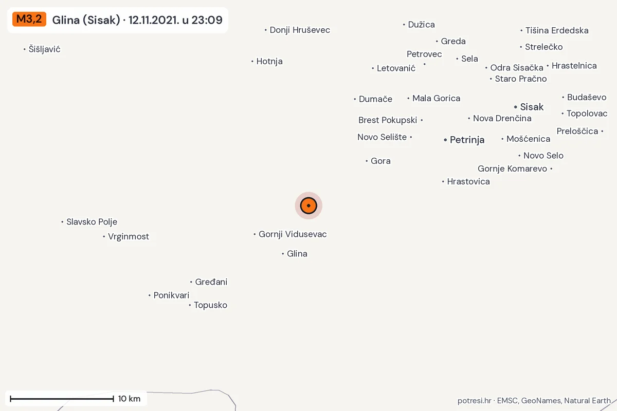 Karta: okolica epicentra, 60 km, potres M3,2, Glina (Sisak), 12.11.2021.