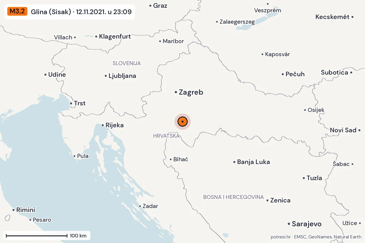 Karta: šire područje, 600 km, potres M3,2, Glina (Sisak), 12.11.2021.