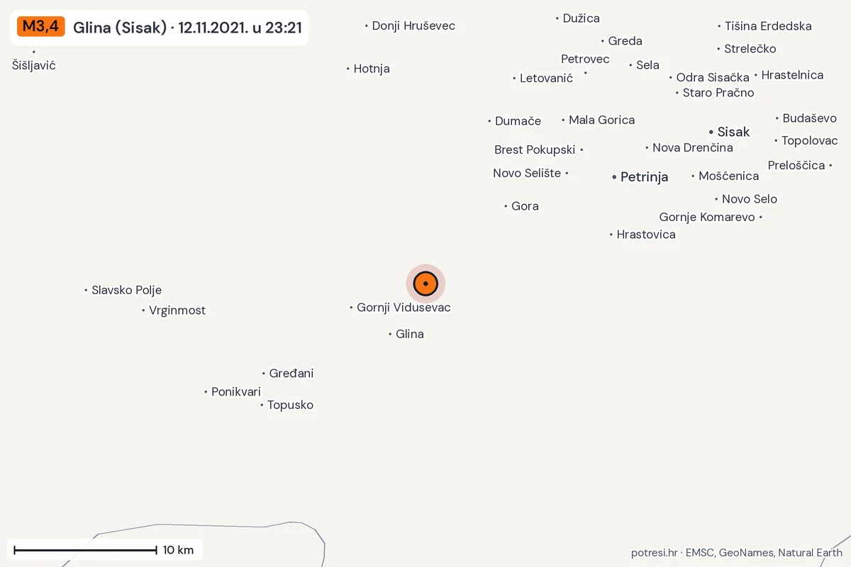 Karta: okolica epicentra, 60 km, potres M3,4, Glina (Sisak), 12.11.2021.