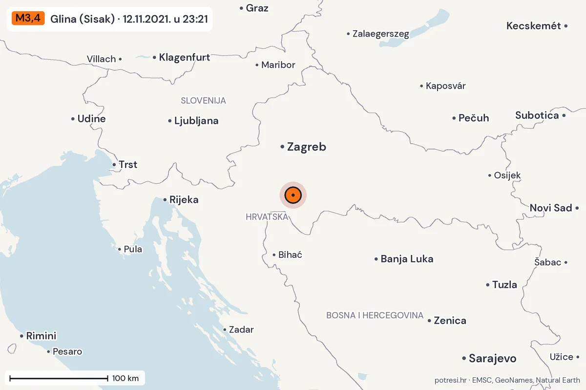 Karta: šire područje, 600 km, potres M3,4, Glina (Sisak), 12.11.2021.